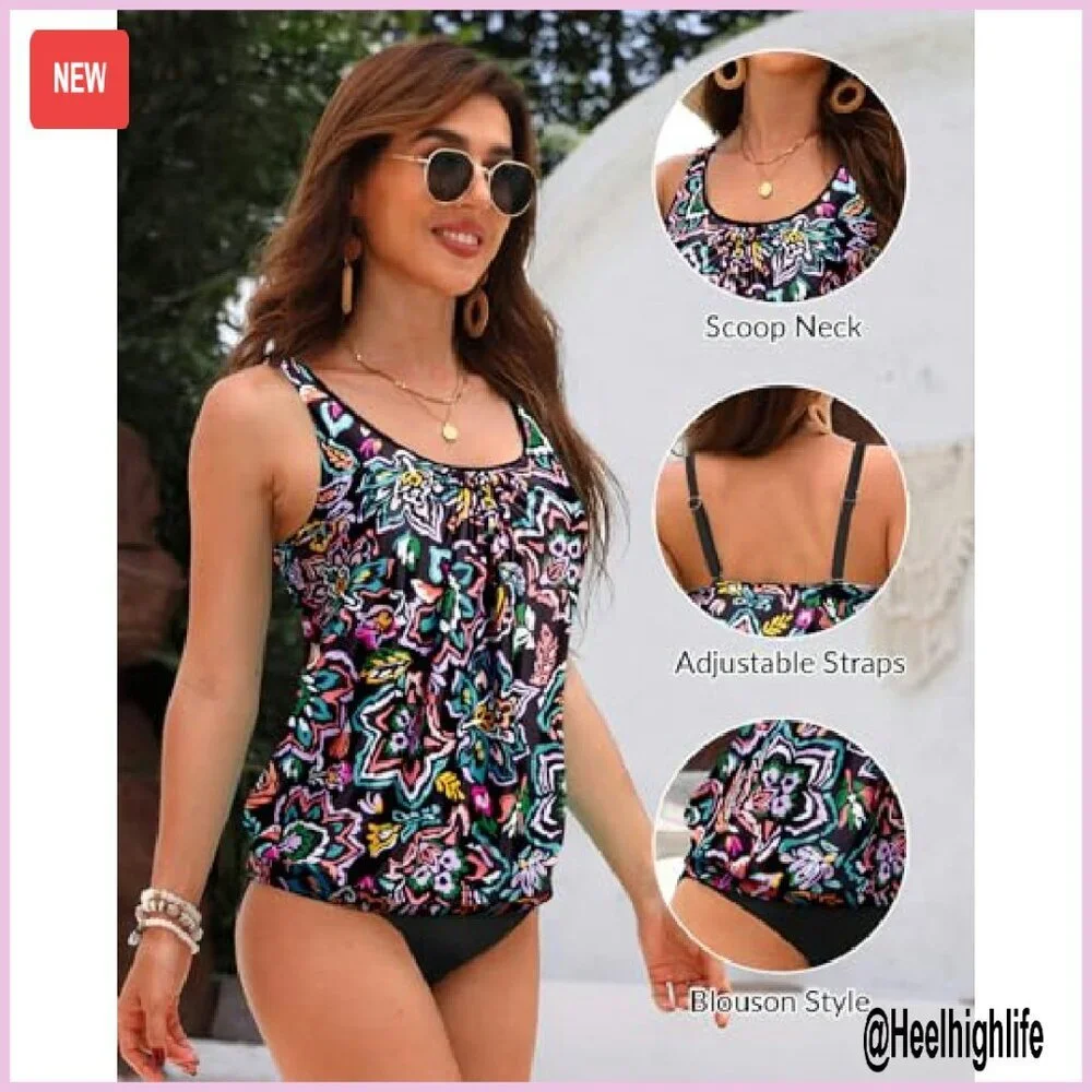Blouson Tankini Top Loose Fit Modest Swimwear Adjustable Straps - Picture 5 of 8
